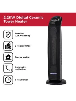 Black & Decker 2.2KW Digital PTC Tower Fan Heater With 8 Hour Timer -Appliance Pro PRYKW SQ2 0000000004 BLACK SLd