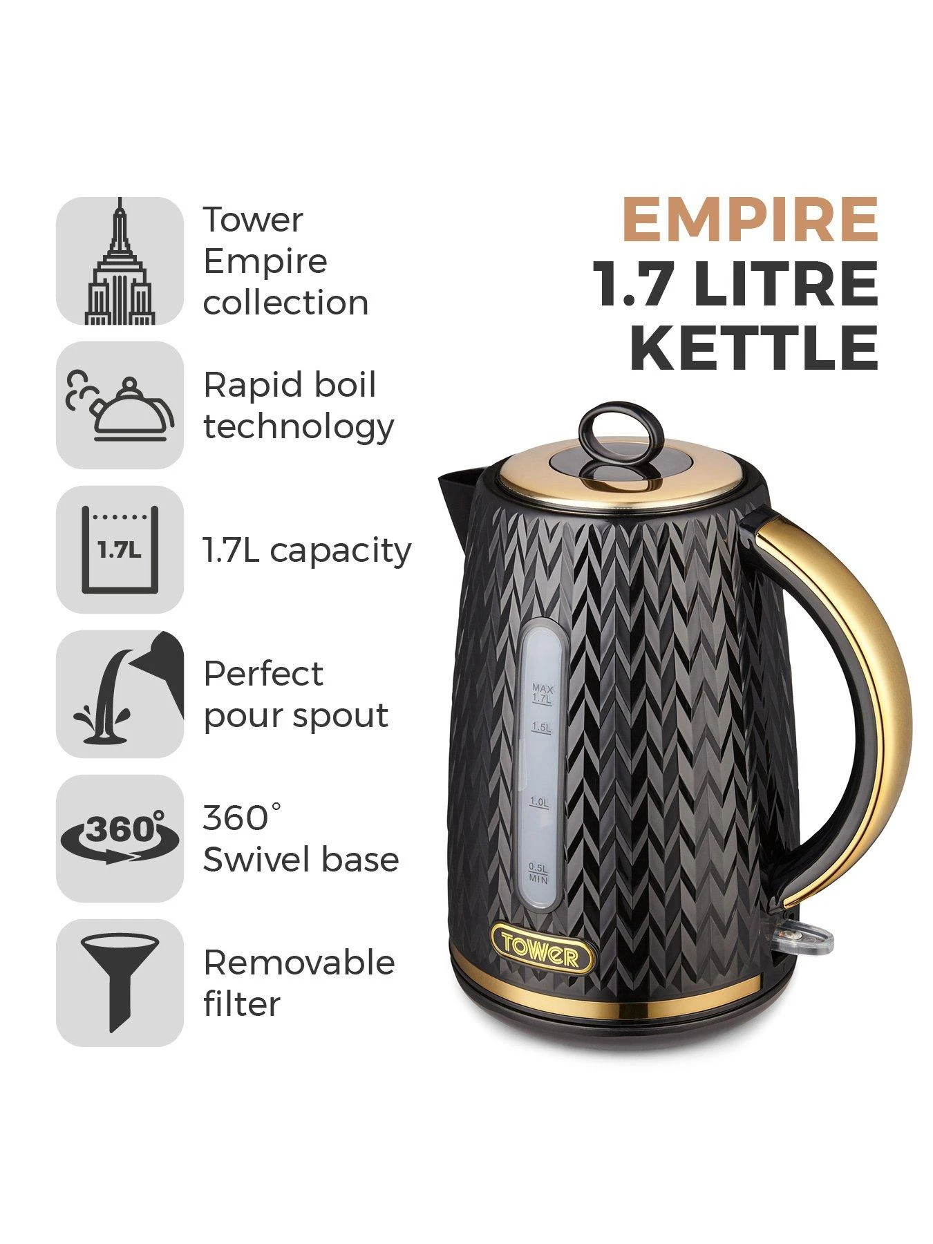 Tower Empire 1.7L Textured Kettle - Black 4 Tower Empire 1.7L Textured Kettle - Black - Image 2