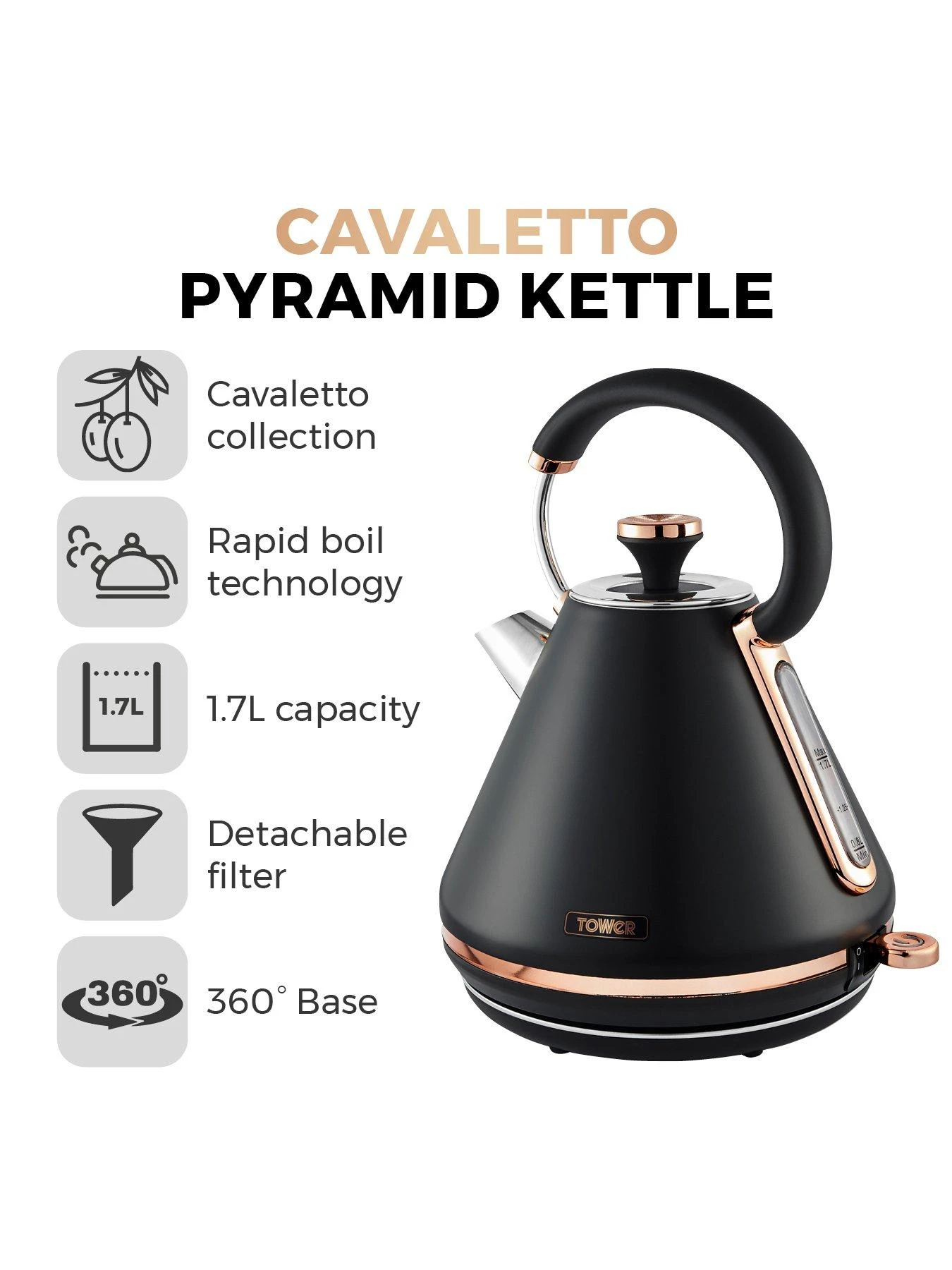Tower Cavaletto 1.7L Pyramid Kettle - Black & Rose Gold 4 Tower Cavaletto 1.7L Pyramid Kettle - Black & Rose Gold - Image 2