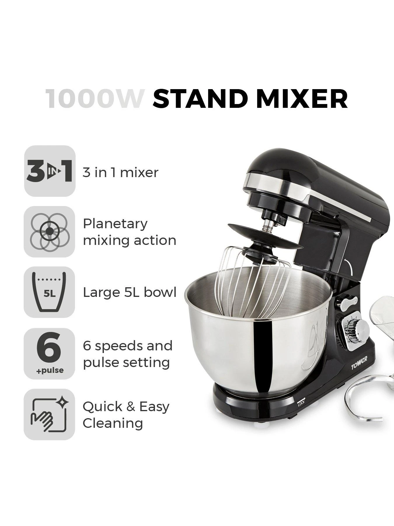 Tower 1000W Stand Mixer - Chrome 4 Tower 1000W Stand Mixer - Chrome - Image 2