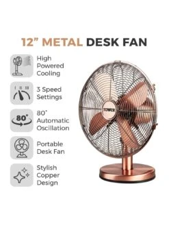 Tower T605000C Metal Desk Fan With 3 Speeds, Automatic Oscillation, Long-Life Motor, 12”, 35W, Copper 9 Tower T605000C Metal Desk Fan With 3 Speeds, Automatic Oscillation, Long-Life Motor, 12”, 35W, Copper -Appliance Pro RTEE6 SQ2 0000001201 COPPER SLd