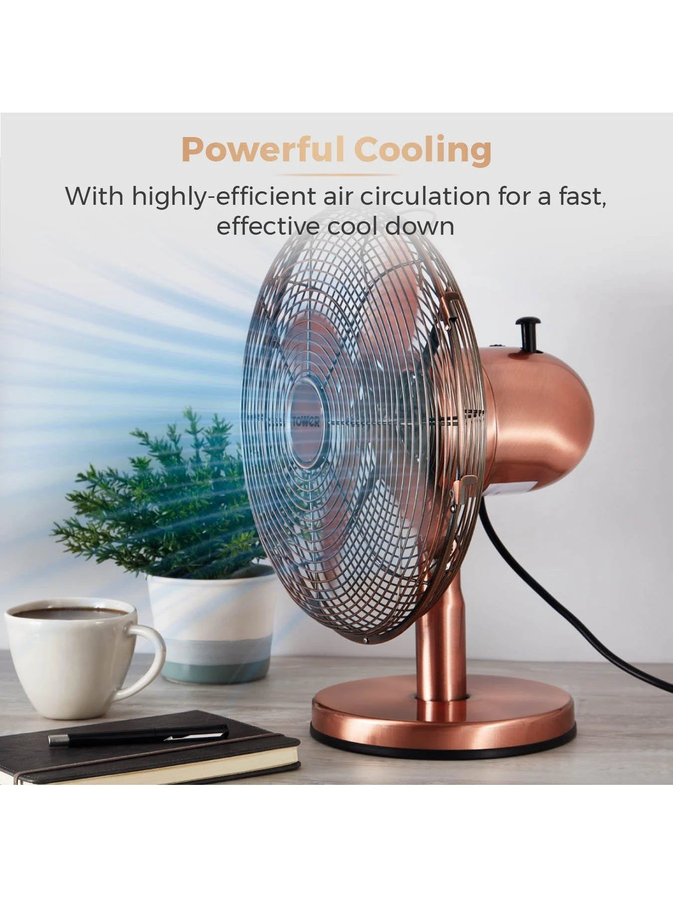 Tower T605000C Metal Desk Fan With 3 Speeds, Automatic Oscillation, Long-Life Motor, 12”, 35W, Copper 5 Tower T605000C Metal Desk Fan With 3 Speeds, Automatic Oscillation, Long-Life Motor, 12”, 35W, Copper - Image 3