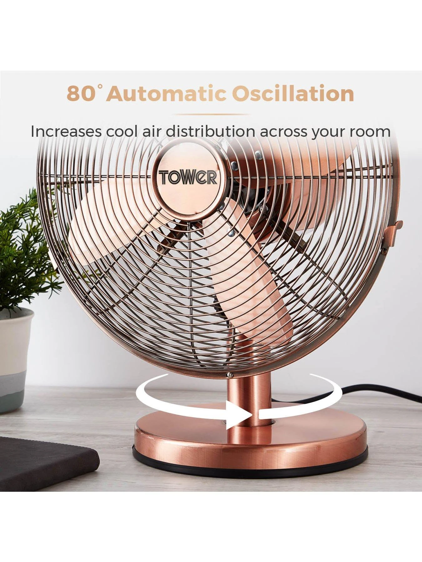 Tower T605000C Metal Desk Fan With 3 Speeds, Automatic Oscillation, Long-Life Motor, 12”, 35W, Copper 7 Tower T605000C Metal Desk Fan With 3 Speeds, Automatic Oscillation, Long-Life Motor, 12”, 35W, Copper - Image 5
