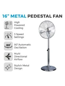 Tower T637000 16 Inch Metal Pedestal Fan With 3 Speeds - Chrome -Appliance Pro RTEE7 SQ2 0000000139 CHROME SLd