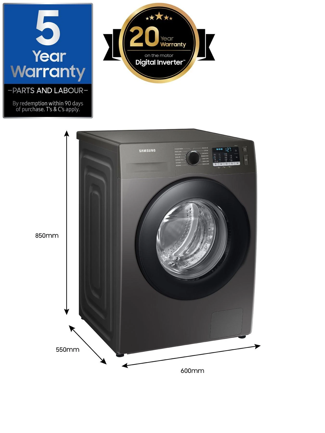 Samsung Series 5 WW90TA046AX/EU Ecobubble™ Washing Machine - 9kg Load 1400rpm Spin A Rated - Graphite 8 Samsung Series 5 WW90TA046AX/EU Ecobubble™ Washing Machine - 9kg Load 1400rpm Spin A Rated - Graphite - Image 6