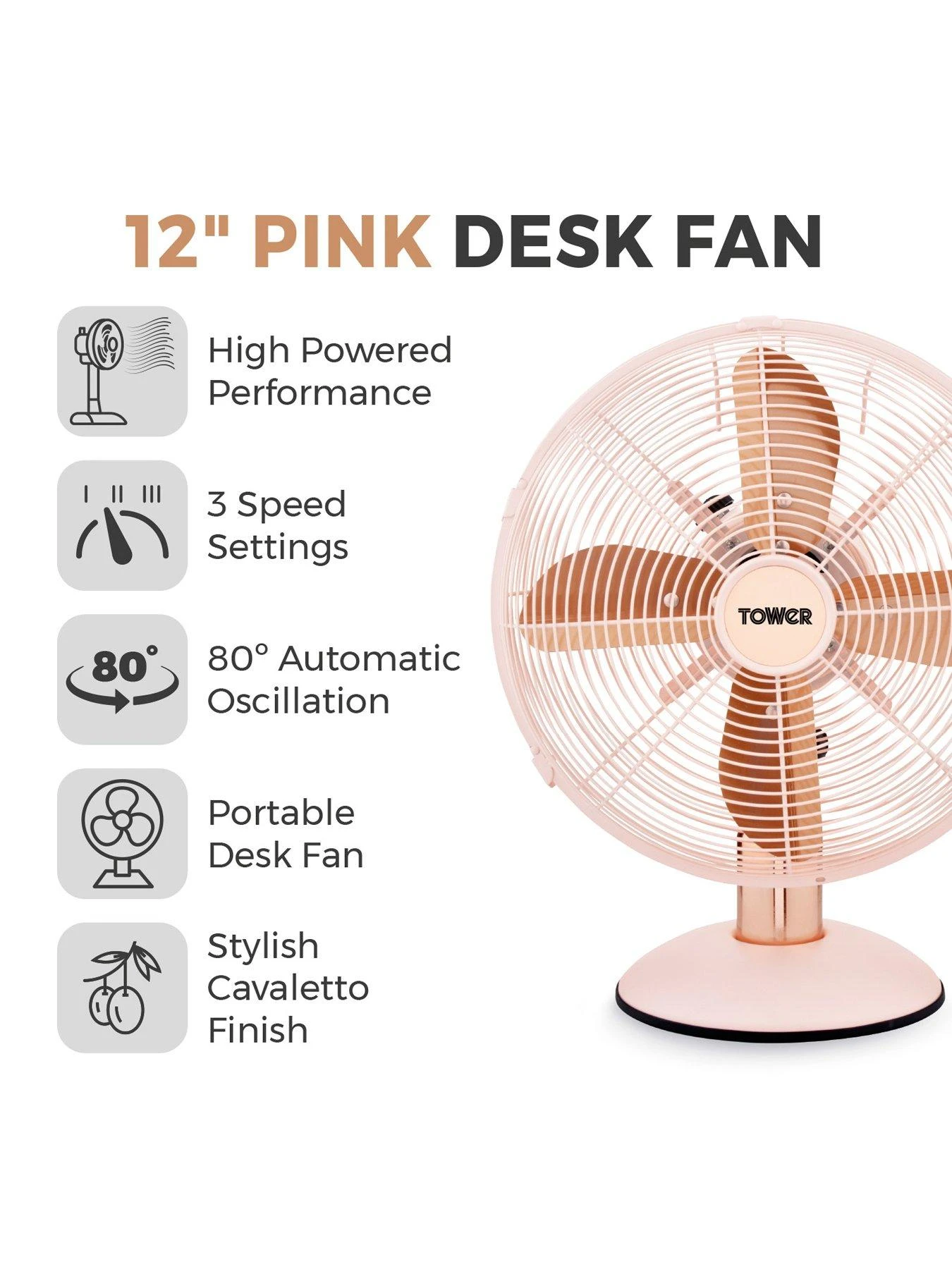 Tower Cavaletto 12-inch Metal Desk Fan - Baby Pink / Rose Gold 4 Tower Cavaletto 12-inch Metal Desk Fan - Baby Pink / Rose Gold - Image 2