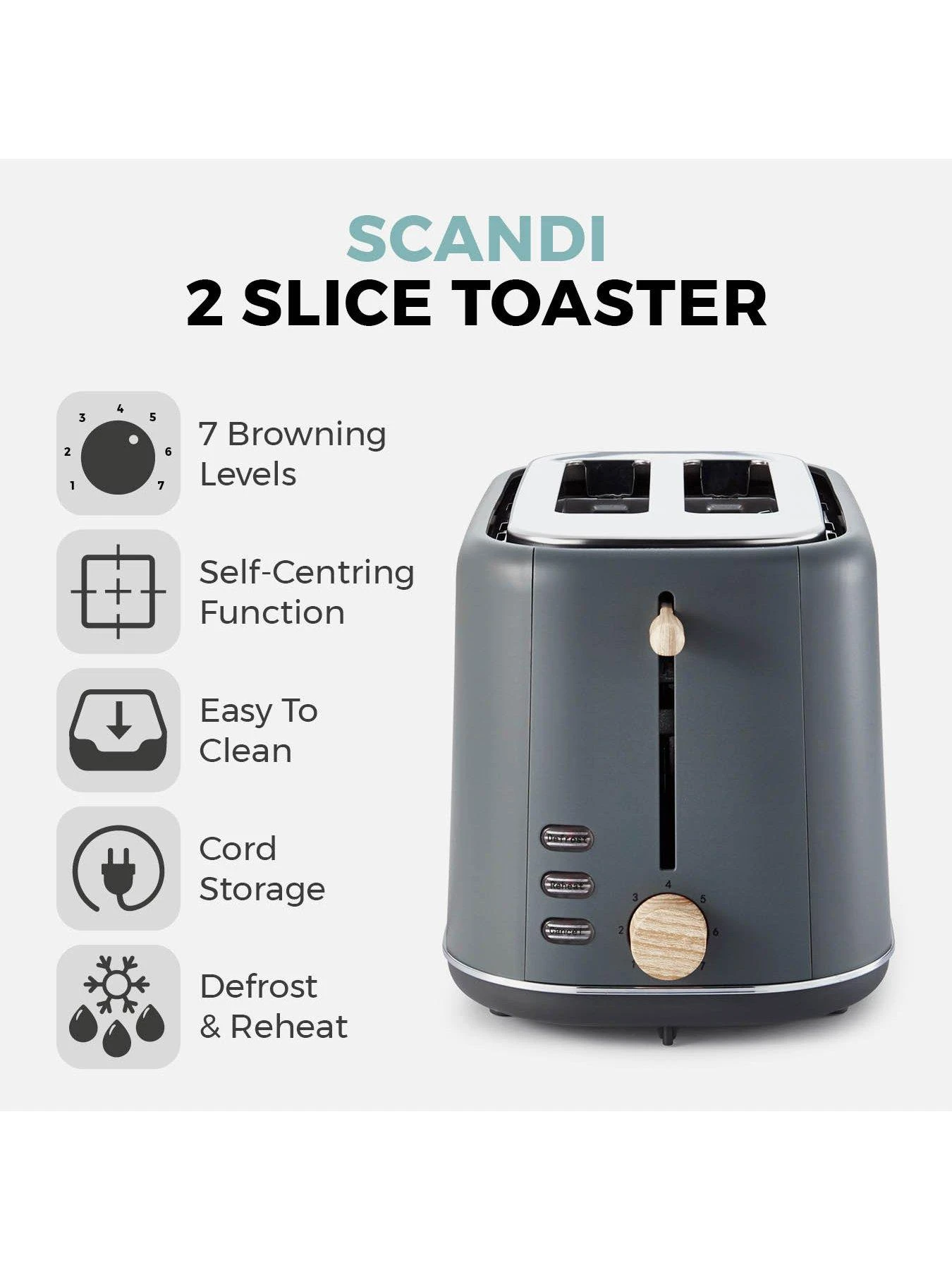 Tower Scandi 800W 2 Slice Toaster Grey Light Wood 4 Tower Scandi 800W 2 Slice Toaster Grey Light Wood - Image 2