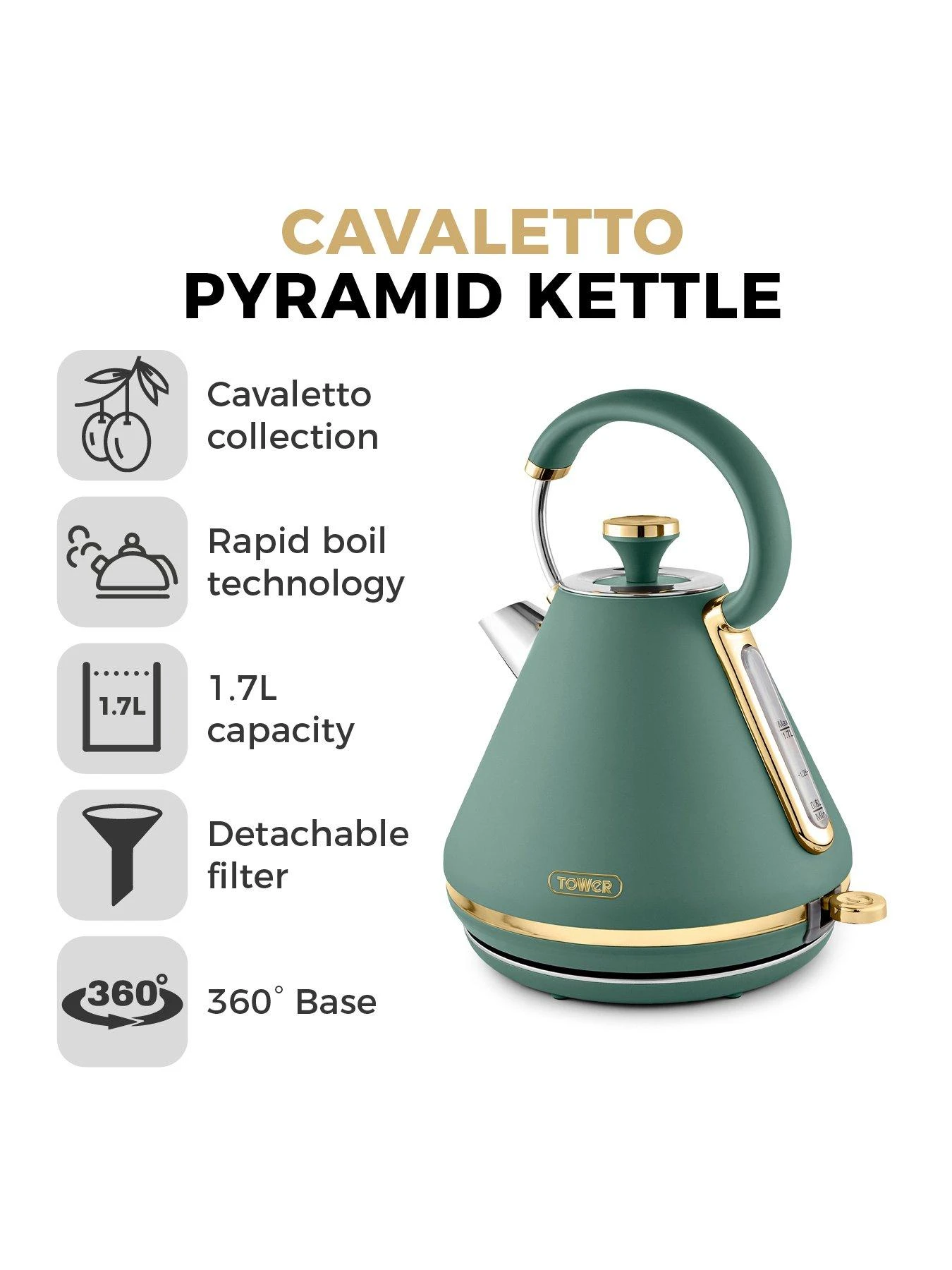 Tower Cavaletto 1.7L 3kW Pyramid Kettle - Jade 4 Tower Cavaletto 1.7L 3kW Pyramid Kettle - Jade - Image 2