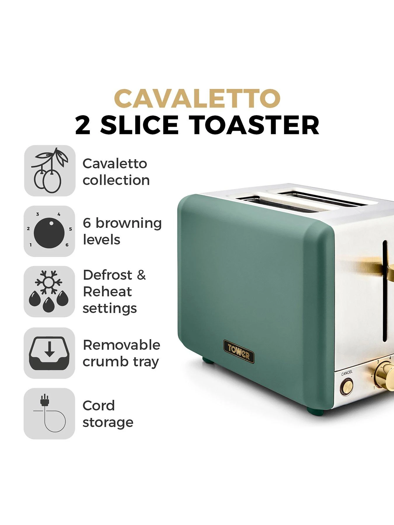 Tower Cavaletto 850W 2-Slice Toaster - Jade 4 Tower Cavaletto 850W 2-Slice Toaster - Jade - Image 2