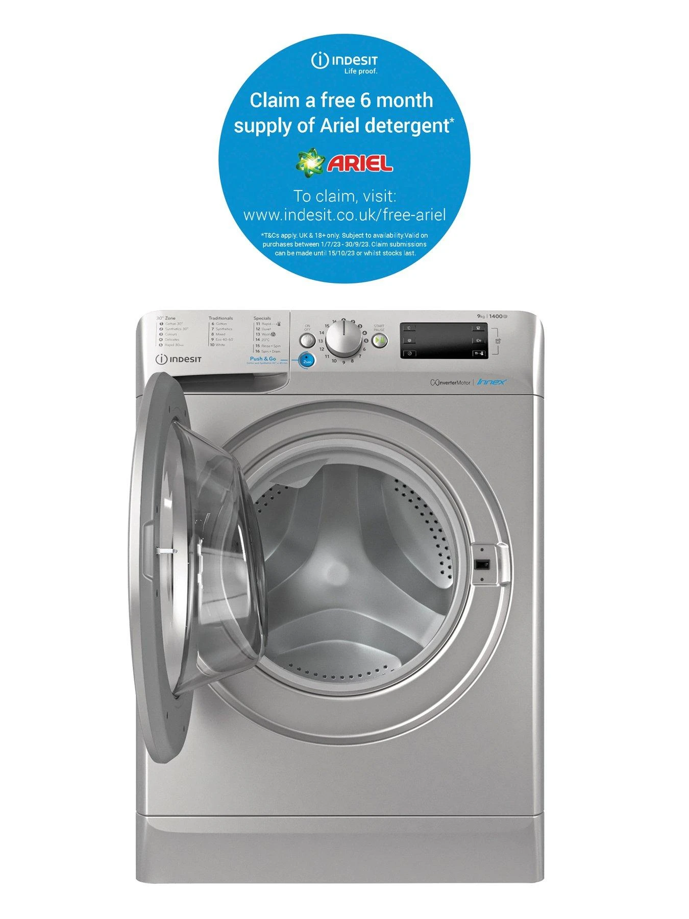 Indesit BWE91496XSUKN 9kg Load, 1400rpm Spin Washing Machine - Silver 4 Indesit BWE91496XSUKN 9kg Load, 1400rpm Spin Washing Machine - Silver - Image 2