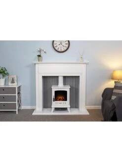 Adam Fires & Fireplaces Adam Florence Stove Fireplace In Pure White With Aviemore Electric Stove In White Enamel, 48 Inch -Appliance Pro VB1NV SQ5 0000000013 WHITE SLd3