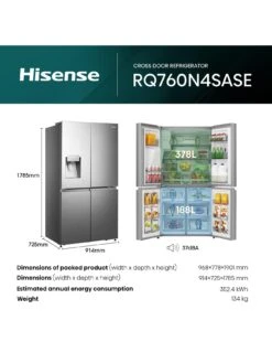 Hisense RQ760N4SASE Pureflat 90cm Cross Door, Water And Ice, American Fridge Freezer - Stainless Steel -Appliance Pro VPJ42 SQ6 0000000035 SILVER SLd4