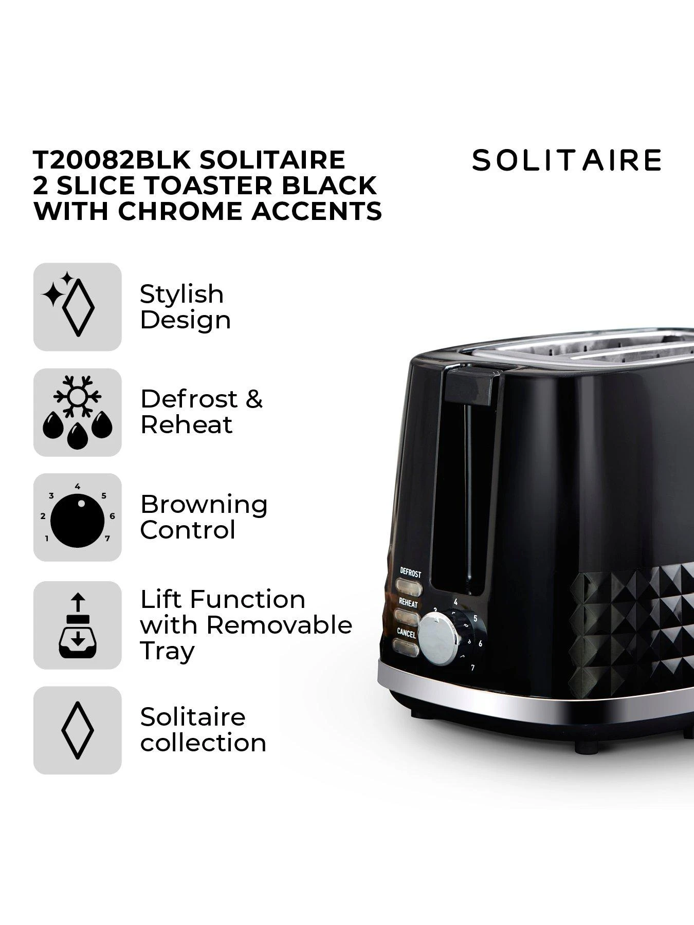 Tower T20082BLK Solitaire 2-Slice Toaster 850W - Black With Chrome Accents 4 Tower T20082BLK Solitaire 2-Slice Toaster 850W - Black With Chrome Accents - Image 2