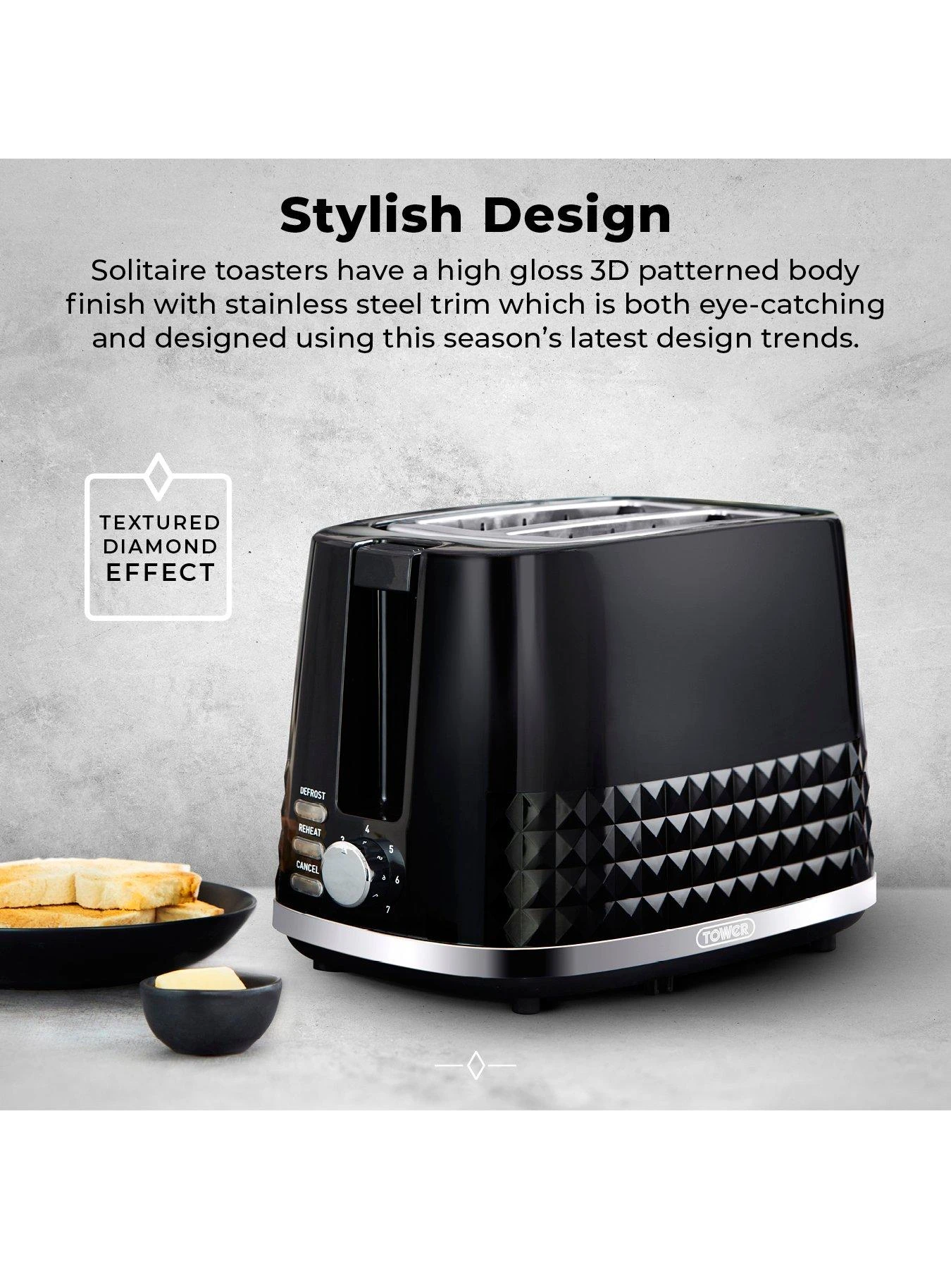 Tower T20082BLK Solitaire 2-Slice Toaster 850W - Black With Chrome Accents 5 Tower T20082BLK Solitaire 2-Slice Toaster 850W - Black With Chrome Accents - Image 3
