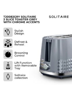 Tower T20082GRY Solitaire 2-Slice Toaster 850W - Grey With Chrome Accents -Appliance Pro VQ4RU SQ2 0000000088 NO COLOR SLd