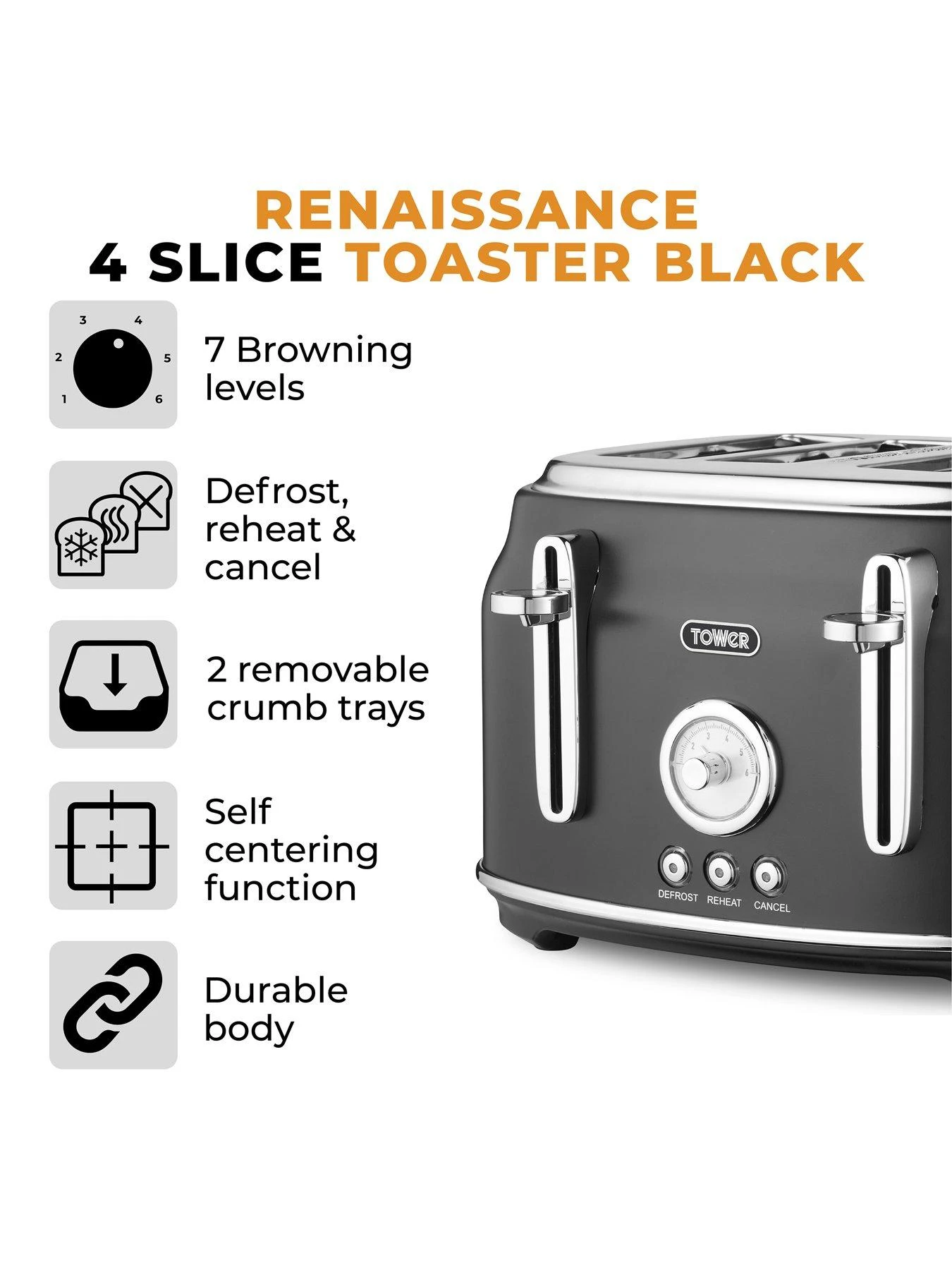 Tower T20065BLK Renaissance 4-Slice Toaster, 1630W, Black 4 Tower T20065BLK Renaissance 4-Slice Toaster, 1630W, Black - Image 2