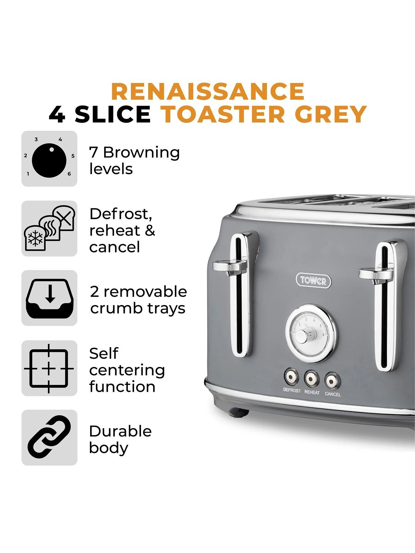 Tower T20065GRY Renaissance 4-Slice Toaster - Grey 4 Tower T20065GRY Renaissance 4-Slice Toaster - Grey - Image 2