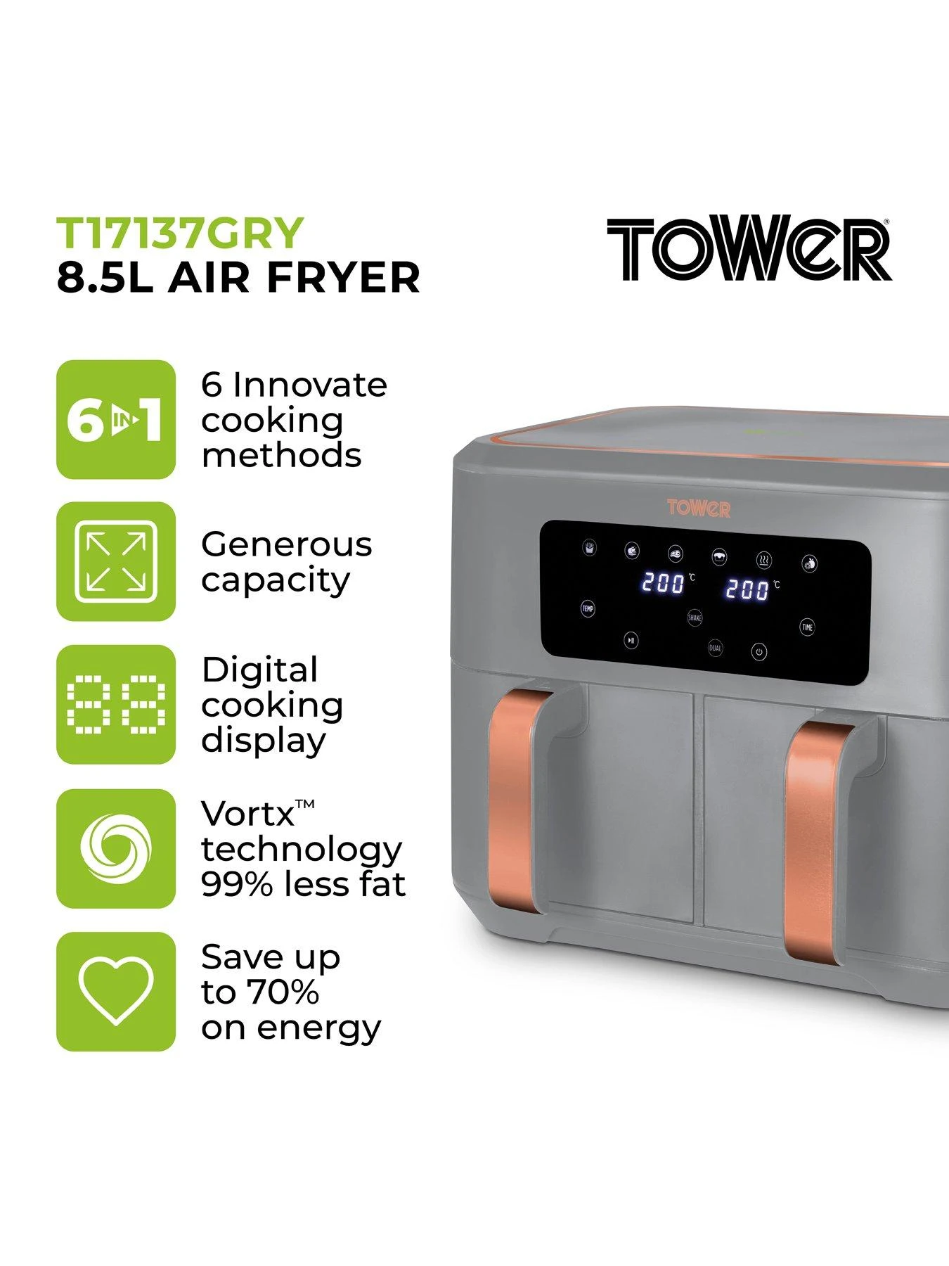 Tower Vortx Dual Basket Air Fryer 8.5L Grey 4 Tower Vortx Dual Basket Air Fryer 8.5L Grey - Image 2